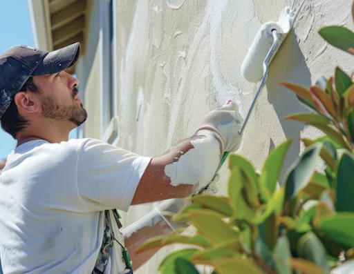 Pintor apoyando en la pintura para exterior fachadas